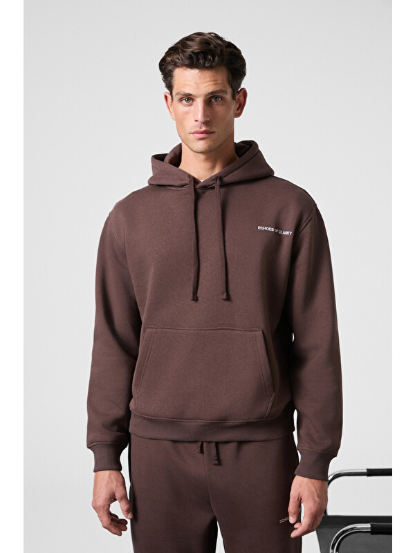GRIMELANGE SCARN Erkek Pamuklu İçi Polarlı Nakışlı Kapüşonlu Relaxed KAHVERENGİ Sweatshirt