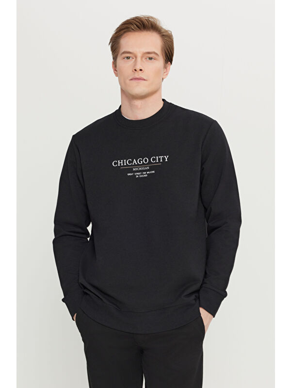 AC&Co / Altınyıldız Classics Erkek Siyah 2 İplik Pamuklu Standart Fit Normal Kesim Bisiklet Yaka Sweatshirt