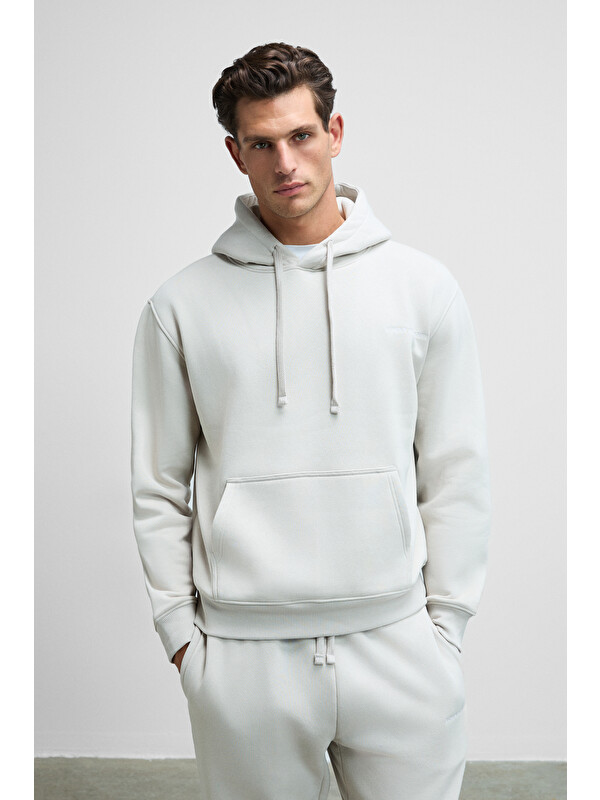 GRIMELANGE SCARN Erkek Pamuklu İçi Polarlı Nakışlı Kapüşonlu Relaxed GRİ Sweatshirt