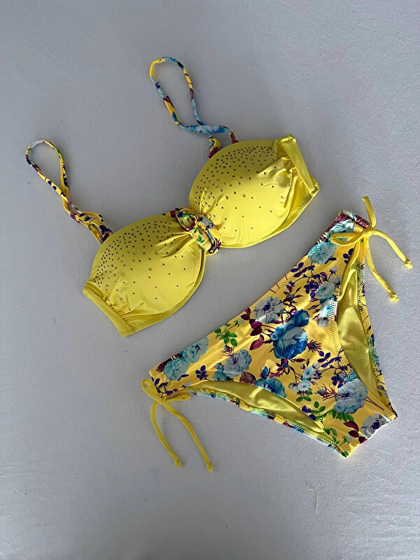 Hazelin Kadın Sarı Taş İşlemeli Astarlı Bikini Takım HZL25S-LC208
