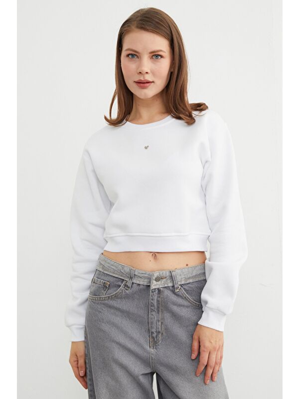 Fullamoda 3 İplik Kalp Aksesuarlı Crop Sweatshirt