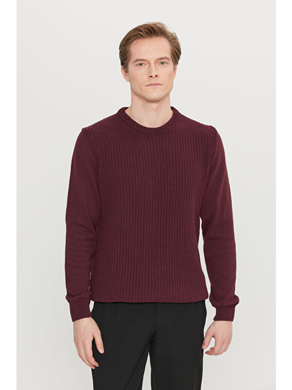 AC&Co / Altınyıldız Classics Erkek Bordo Pamuklu Standart Fit Normal Kesim Bisiklet Yaka Jakarlı Triko Kazak
