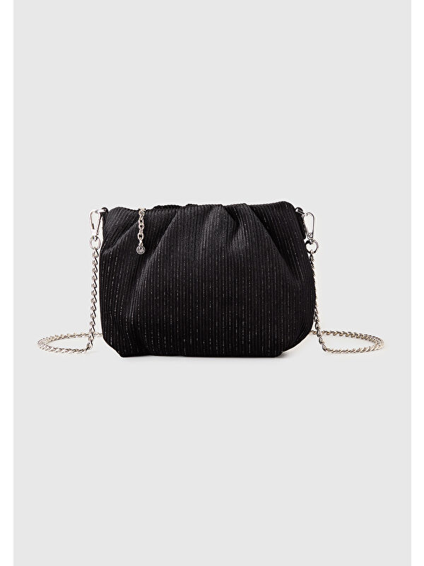United Colors Of Benetton Kadın Siyah Simli Zincir Askılı Kadife Clutch Çanta