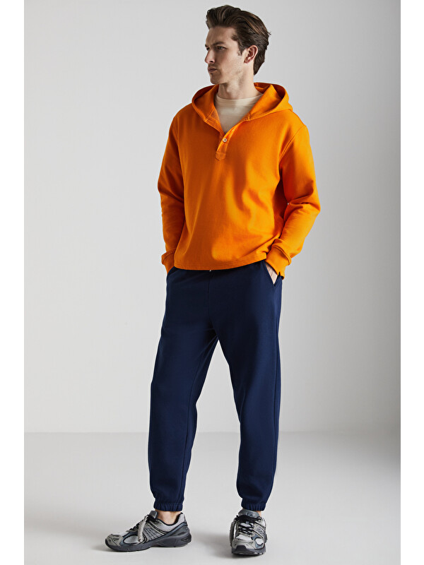 GRIMELANGE KARLO Erkek Pamuklu Kapüşonlu Yakası Düğmeli TURUNCU Sweatshirt