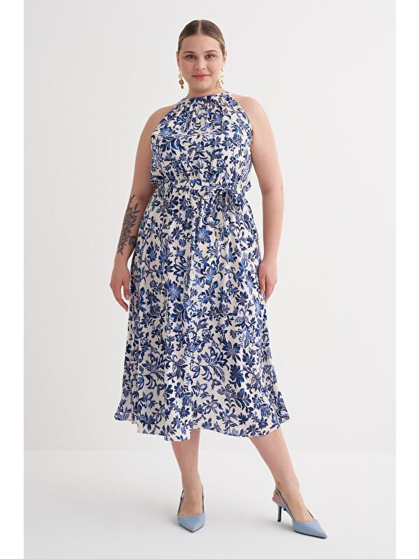Mylinemoda Halter Yaka Kuşaklı Desenli Uzun Elbise
