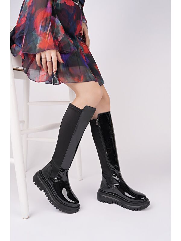 NEROX Kalın Taban Streç Detaylı Fermuarlı Kadın Çizme - Görsel 2