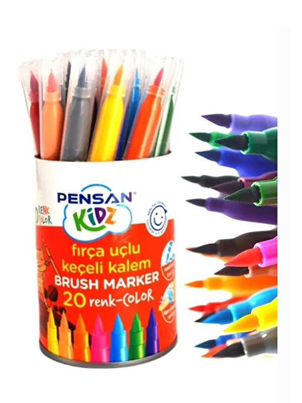 Pensan 20 li Keçeli Kalem 1 Paket 20 Renk Fırça Uçlu Keçeli Kalem Kavanozlu Yıkanabilir 1 Paket