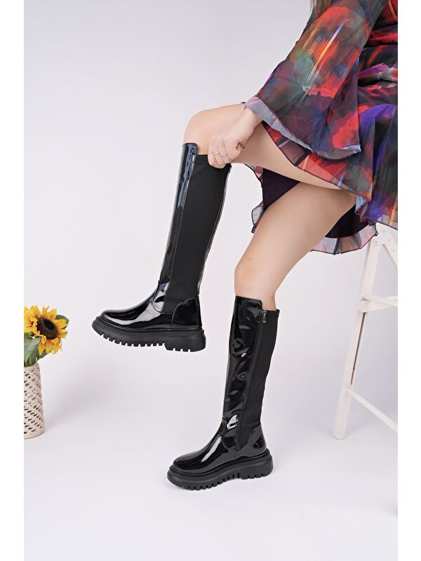 NEROX Kalın Taban Streç Detaylı Fermuarlı Kadın Çizme - Görsel 4