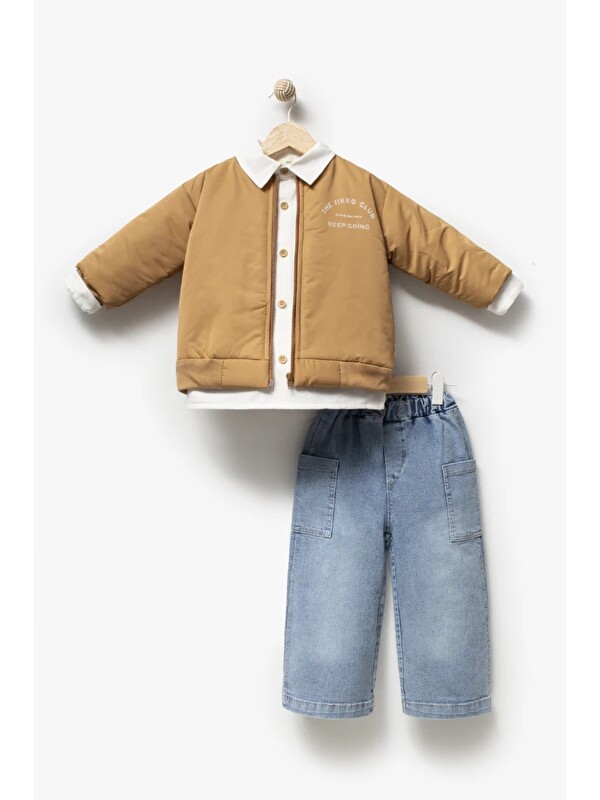 Jikko Baby Erkek Çocuk Bomber Ceketli Gömlekli Bol Paça Jean Pantolon 3’lü Takım 9102