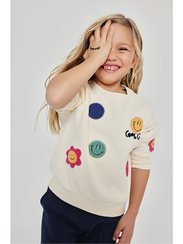 Boboli Çiçek Desenli Sweatshirt 2 Yaş-6 Yaş Ekru