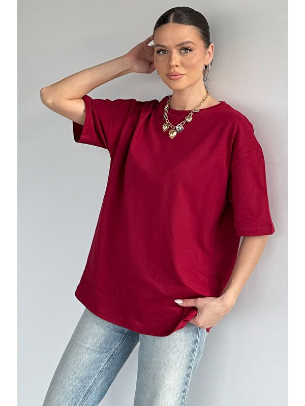 Gülseli Kadın Bisiklet Yaka Oversize Basic Tişört