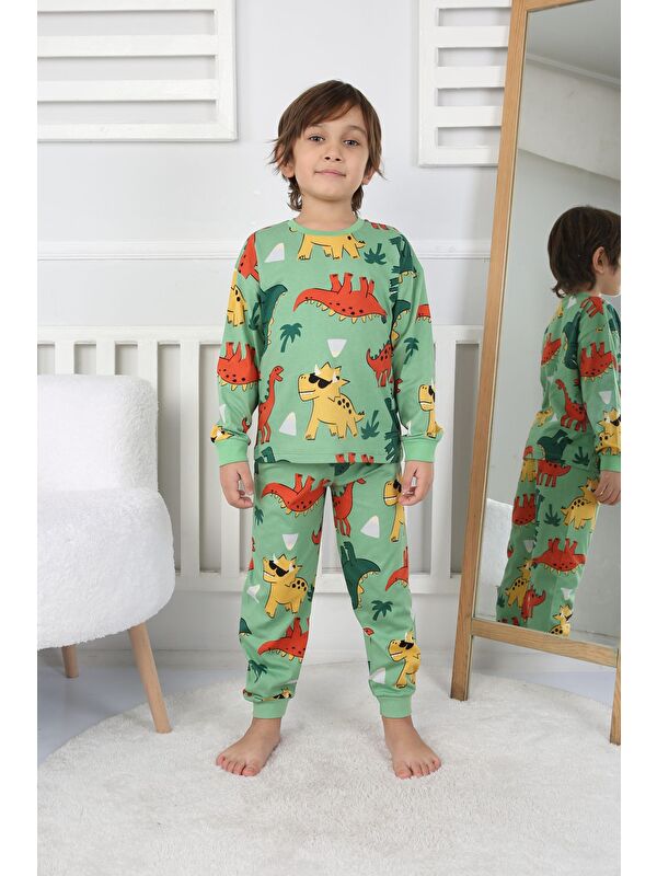 ZUZUNGA Dinozor Desenli Erkek Çocuk Pijama Takımı Yeşil 3-8 Yaş