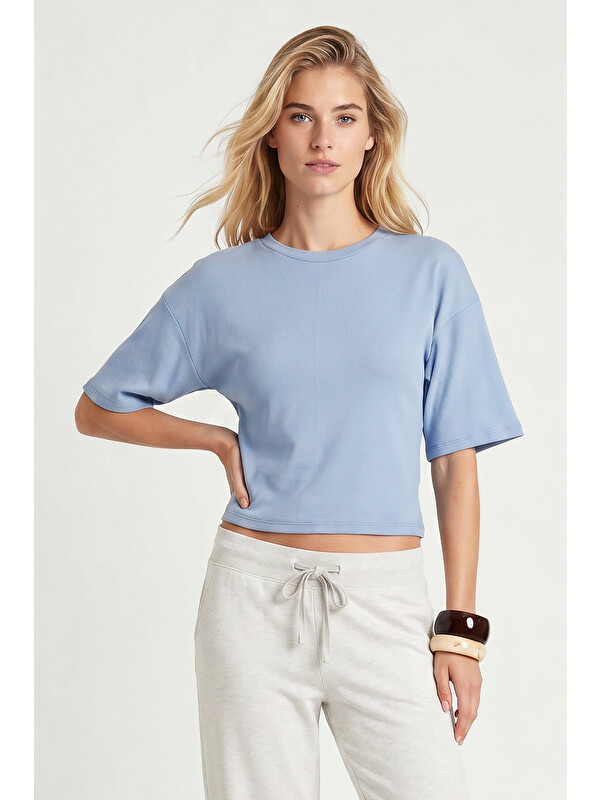 Happiness İstanbul Yarasa Kollu Basic Modal T-shirt MAVİ LUB0357