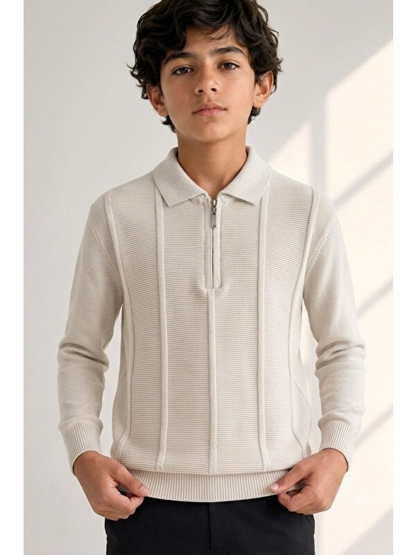Pina Kids Erkek Çocuk Fermuarlı Polo Yaka Fitilli Triko Kazak TRK11011