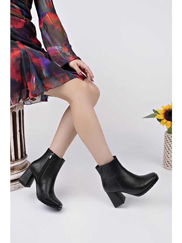 DİVİNA Küt Burun Kalın Topuklu Fermuarlı Kadın Bot - Görsel 6