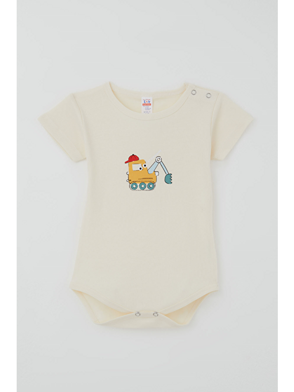 Breeze Erkek Çocuk Çıtçıtlı Kısa Kollu Zıbın Body Şapkalı Sevimli İş Makinesi Baskılı Krem (1-3 Yaş)