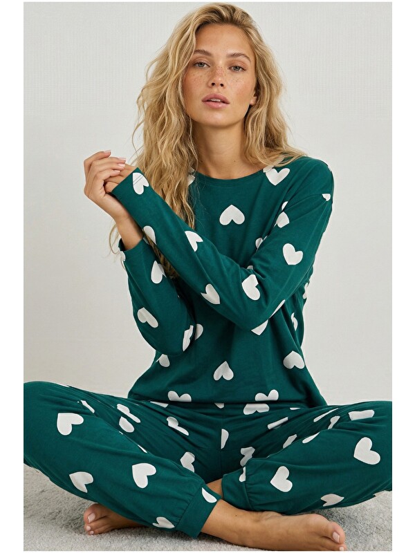 Siyah İnci yeşil beyaz kalp baskılı Örme Pamuklu Pijama Takımı7613
