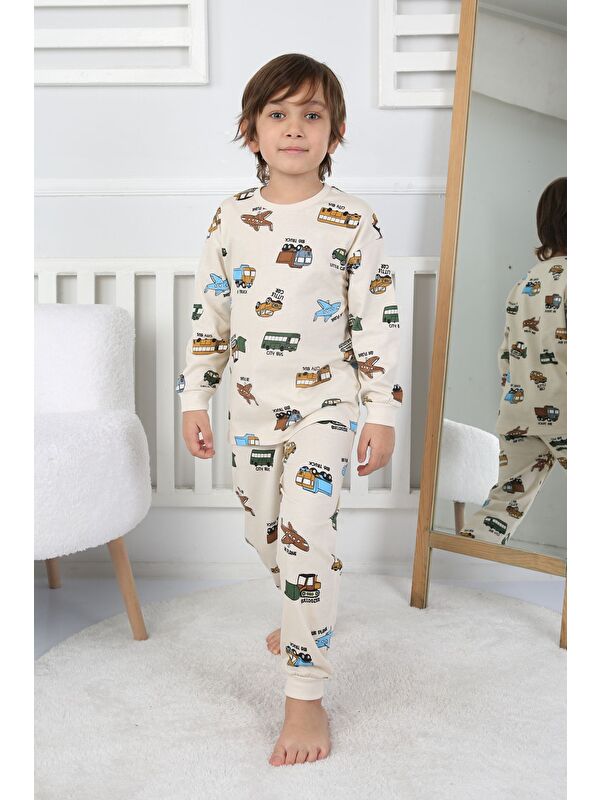 ZUZUNGA Transportation Veichle Desenli Çocuk Pijama Takımı (Alt-Üst) Bej 3-8 Yaş