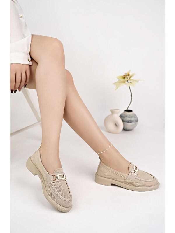 SAKURA Metal Tokalı Triko Kadın Loafer Günlük Makosen Ayakkabı - Görsel 4