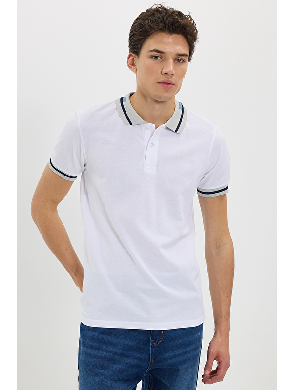 TUDORS Erkek Slim Fit Dar Kesim %100 Pamuk Düz Pike Yaka Ve Kol Detaylı Beyaz Polo Yaka Tişört