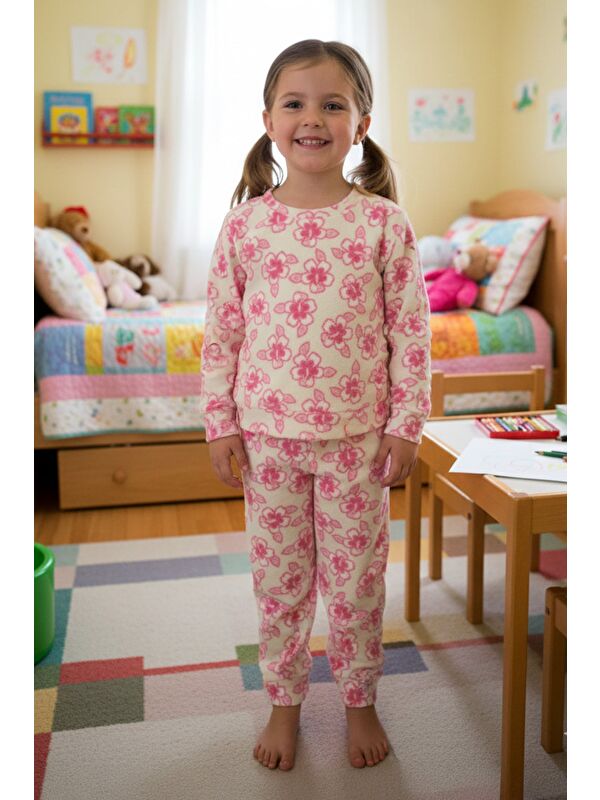 Fullamoda Çiçek Desenli Polar Kız Çocuk Pijama Takımı