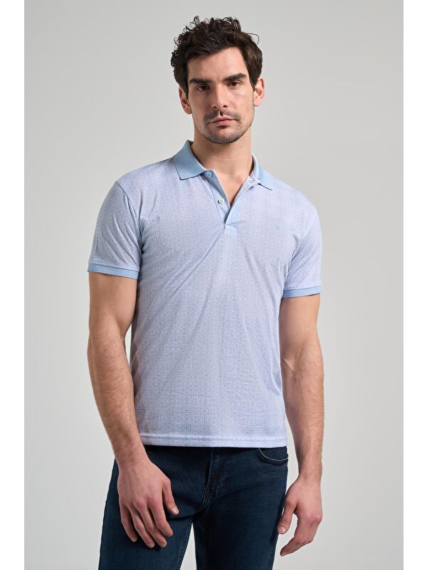 İMZA Mavi Kısa Kol Baskılı Pike Polo Yaka Cepsiz Esnek Casual Slim Fit Tişört 1011250150