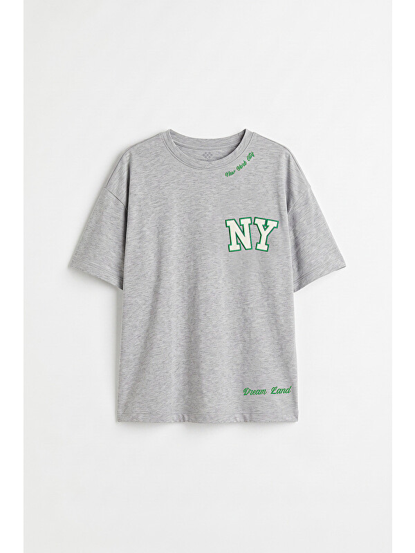 Tommylife Gri Melanj Oversize Kısa Kollu Baskılı Kız Çocuk T-Shirt - 75174