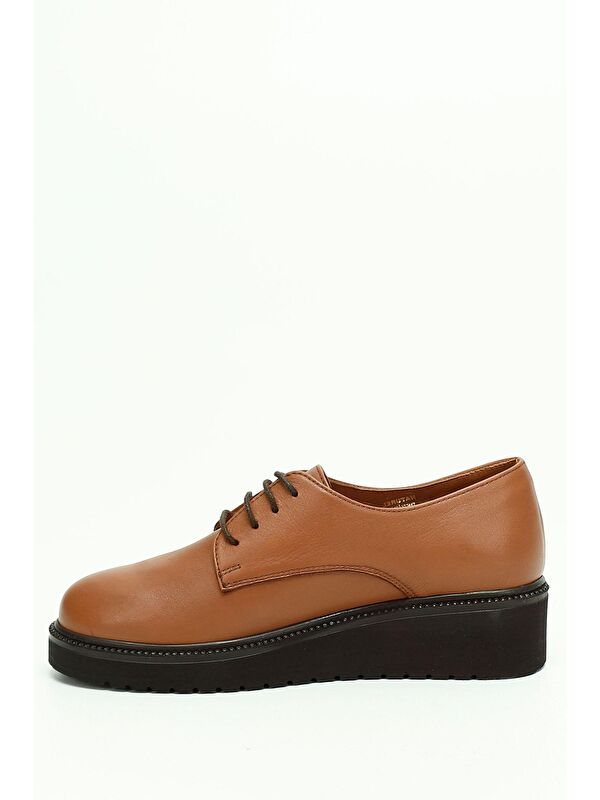 TABA Hakiki Deri Yuvarlak Burun Dolgu Taban Bağcıklı Kadın Ayakkabı 24282 - Görsel 4