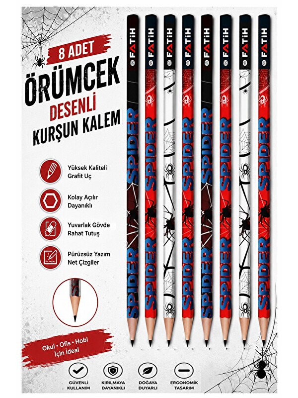 Artlantis Örümcek Kurşun Kalem 8 Adet Fatih Yuvarlak Gövdeli Siyah Kurşun Kalem 2B Yumuşak Yazım Kolay Tutuş K
