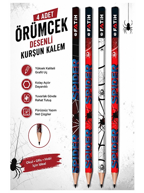 Artlantis Örümcek Kurşun Kalem 4 Adet Fatih Yuvarlak Gövdeli Siyah Kurşun Kalem 2B Yumuşak Yazım Kolay Tutuş K
