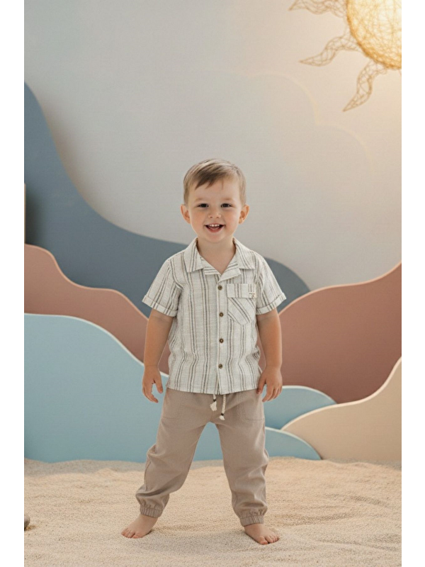 Cantoy Çizgili Keten Görünümlü Erkek Çocuk Pantolonlu Takım