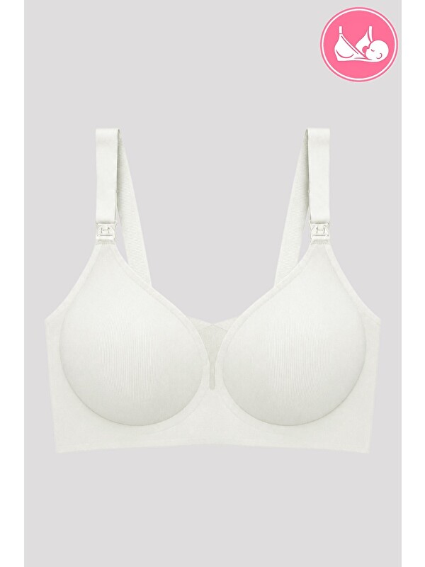 Cottonhill Seamless Bra - Nuvia |Krem Lazer Kesim Klipsli Önden Açılabilir Rib Dokulu Dikişsiz Emzirme Sütyeni