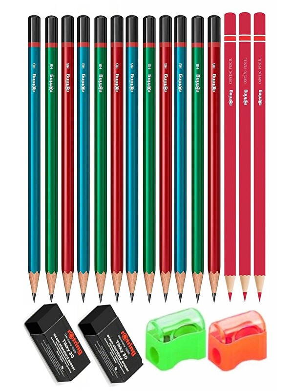 Artlantis Rotring Kurşun Kalem 12 li Kırmızı Kalem 3 Adet Siyah Silgi 2 Adet Kalemtraş 2 Adet HB Mercanlı Siya