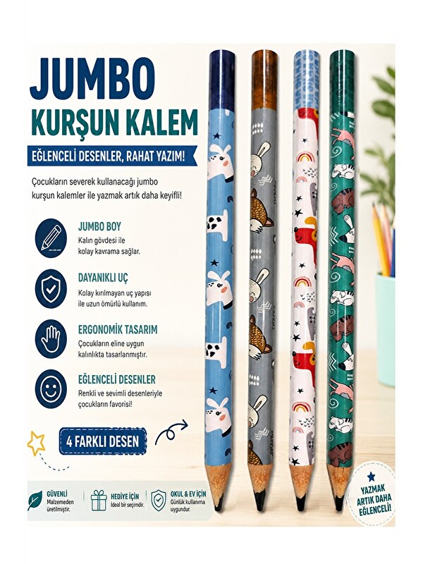 artmaster Jumbo Kurşun Kalem 4 Adet Silka 1519 Hayvanlı Jumbo Kalın Kalem HB Kolay Tutuş Dereceli Kalem Kurşun