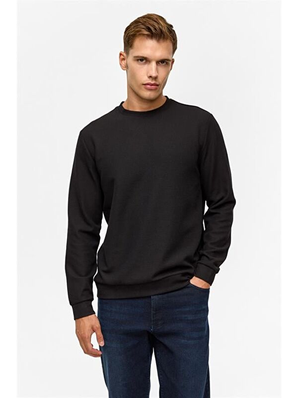 Süvari Siyah Regular Düz Bisiklet Yaka Sweatshirt