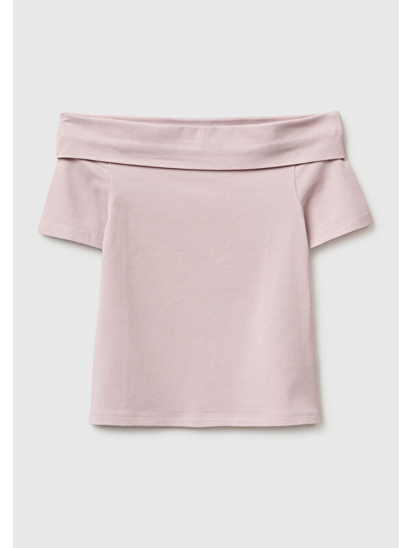 United Colors Of Benetton Kız Çocuk Gül Kurusu Arkası Logo İşlemeli Raglan Kollu Kayık Yaka T-Shirt