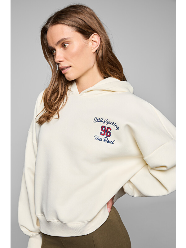 GRIMELANGE LUXE Kadın Renk Nakışlı Ve Arkası Baskı Detaylı Kapüşonlu EKRU Sweatshirt