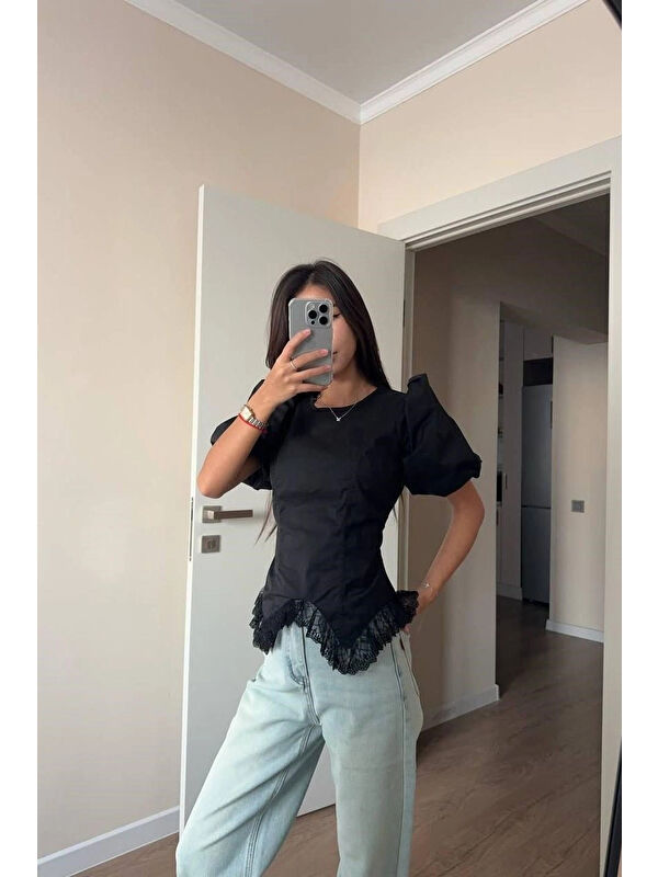 eka Kadın Siyah Dantelli Bluz 1041-2867