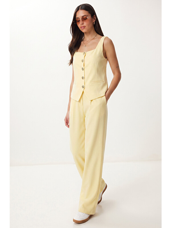 Happiness İstanbul Gold Düğmeli Dokuma Yelek-Pantolon Takım SARI LAZ0004