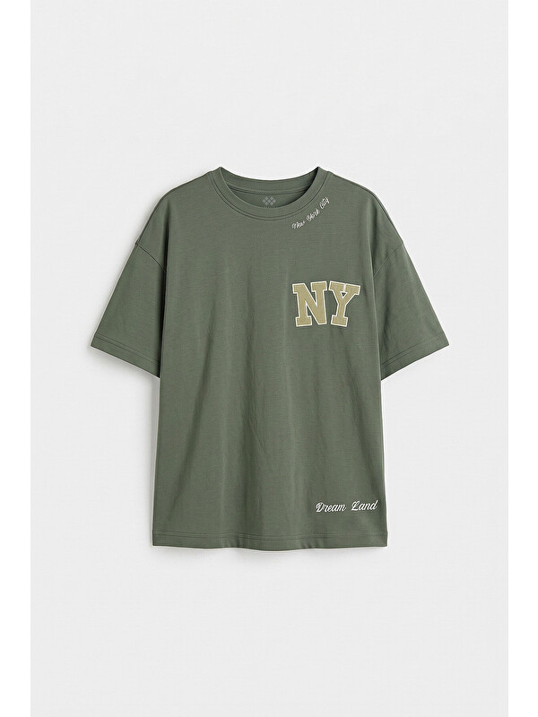 Tommylife Haki Oversize Kısa Kollu Baskılı Kız Çocuk T-Shirt - 75174