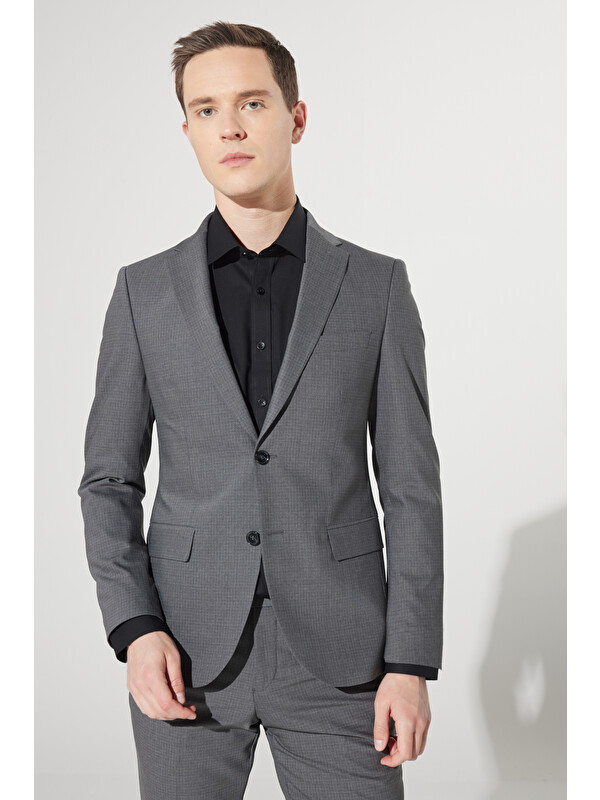 Altınyıldız Classics Erkek Gri Ekstra Slim Fit Dar Kesim Mono Yaka Kareli Yünlü Takım Elbise