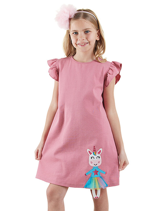 Denokids Lilycorn Kız Çocuk Pembe Yazlık Elbise