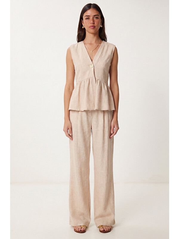 Happiness İstanbul Keten Bluz Pantolon Takım BEJ LAZ0009