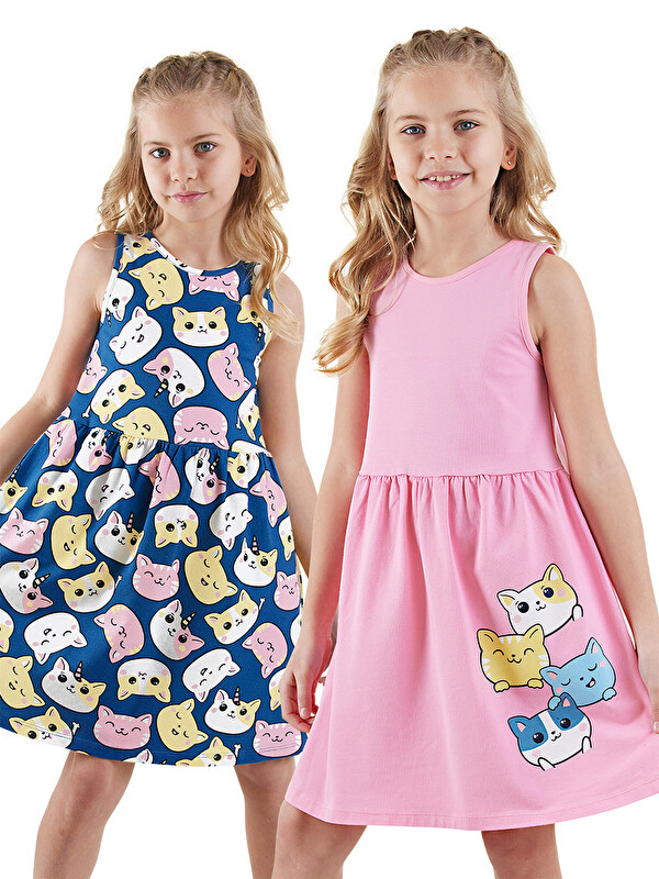 Denokids Sevimli Kediler Kız Çocuk 2'li Elbise