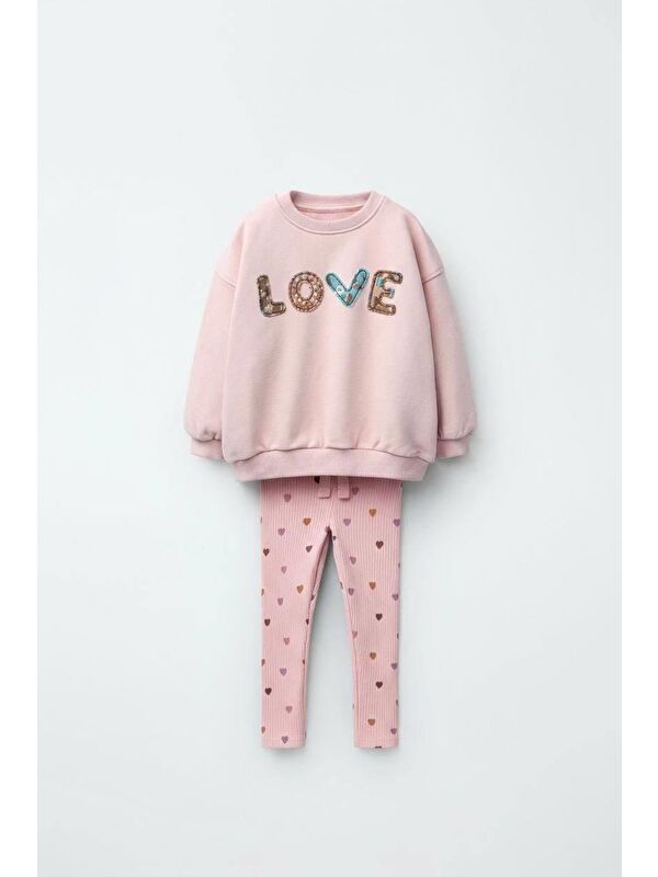 Magu Kız Çocuk Pamuklu Pembe Love Nakışlı Sweatshirt Ve Kalpli Tayt Takım – 2'Li Rahat Günlük Set