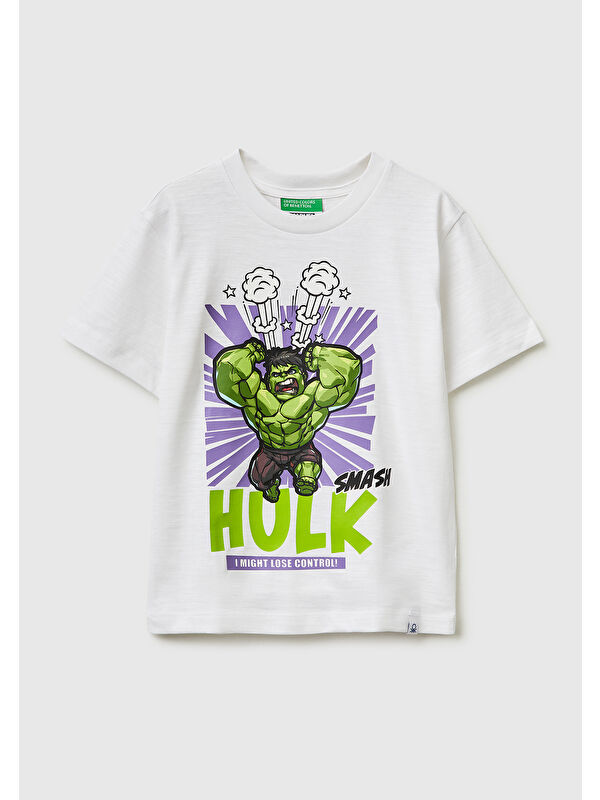 United Colors Of Benetton Erkek Çocuk Beyaz Hulk Baskılı Bisiklet Yaka T-Shirt