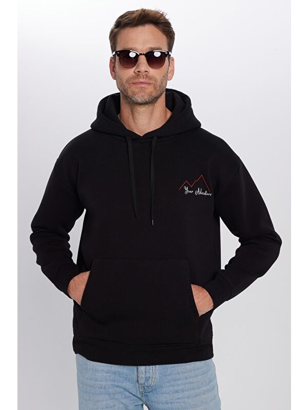 TUDORS Unisex Oversize Geniş Kesim Pamuklu Yumuşak Dokulu İçi Polarlı Baskılı Siyah Kapüşonlu Erkek Hoodie