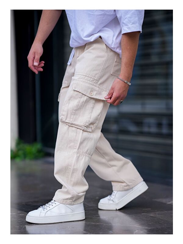 Tarz Cool Erkek Kargo Cep Baggy Pantolon Krem Rengi