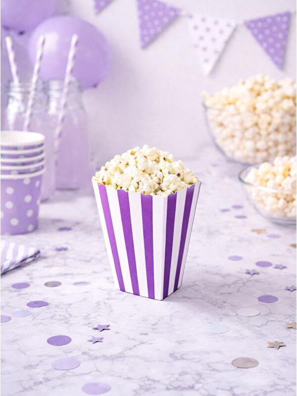 Parti Adresi Çizgili Patlamış Mısır Kutusu Popcorn Kutusu Mor 8'li