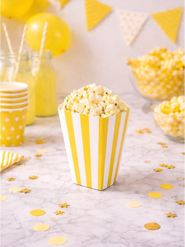 Parti Adresi Çizgili Patlamış Mısır Kutusu Popcorn Kutusu Sarı 8'li